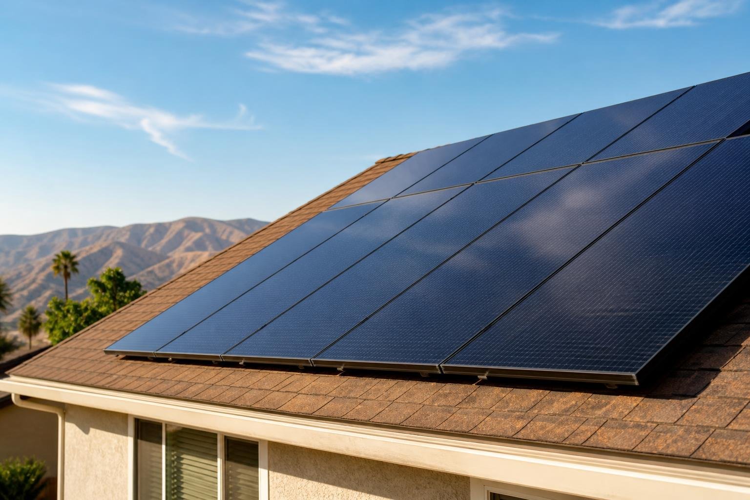 Close-up of rooftop solar panels on a San Bernardino area home in warm daylight