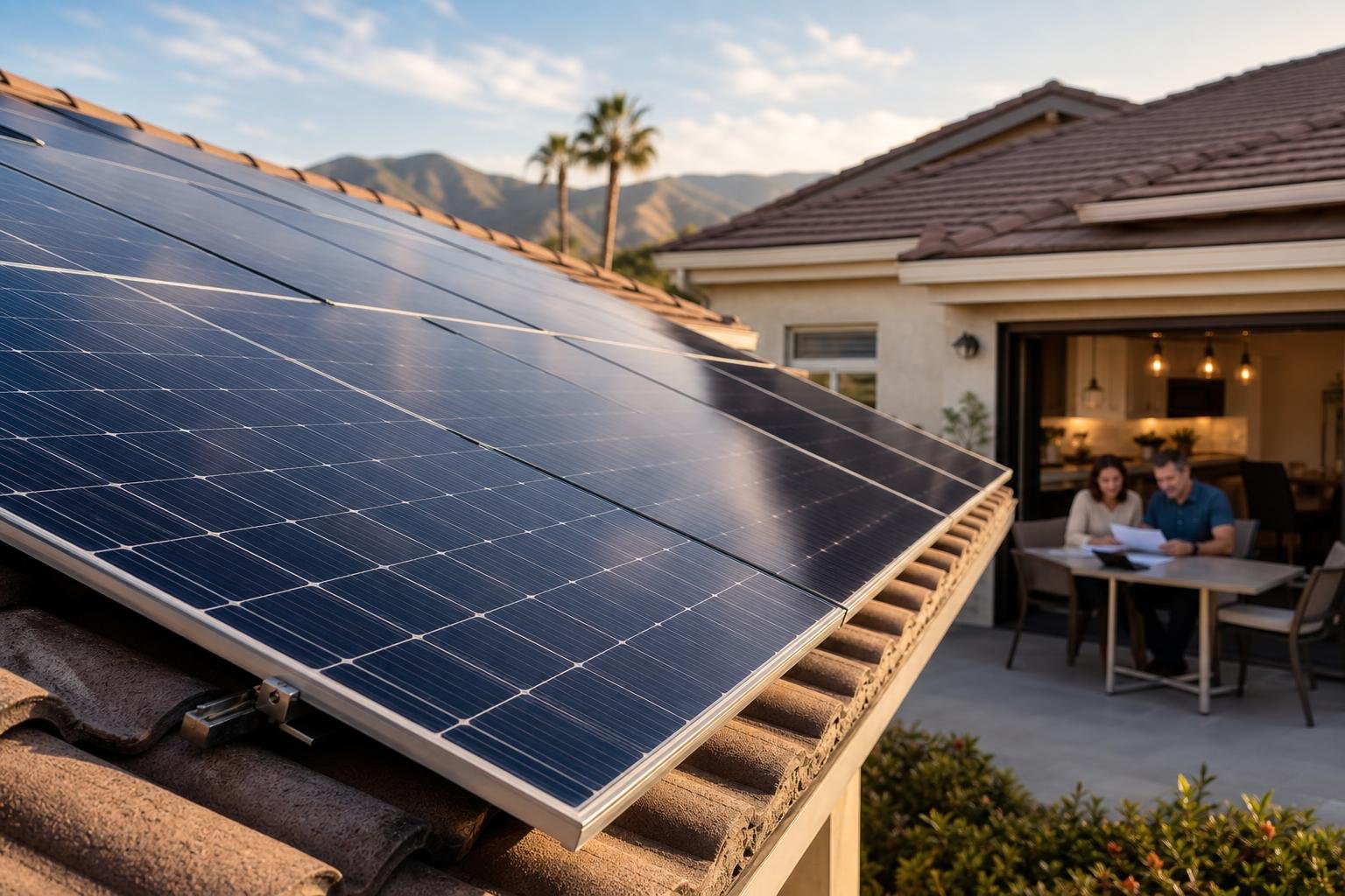 Residential solar panels in close view with a homeowner reviewing paperwork softly blurred in the background